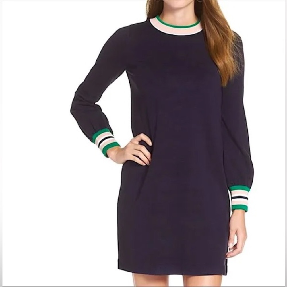 1901 long sleeve crew neck sweater‎ shift dress striped cuffs navy blue